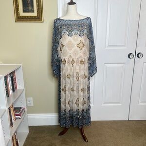 Free People Blue and Cream Bohemian Luxe Dress with Sequin and Bead Details